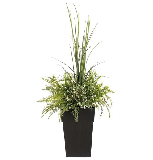 40" Artificial Outdoor Dracaena, Ferns, & White Flowers in Black Planter