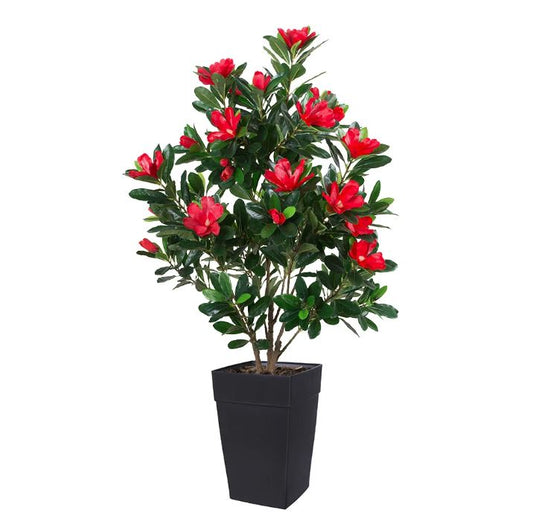 5' Artificial Outdoor Red Rhododendron in Black Planter
