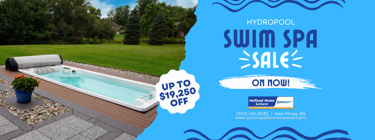 Hydropool swim spa on a patio with promotional text overlay.